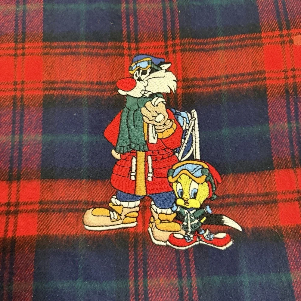 Vintage Acme Clothing Looney Tunes‎ Sylvester Tweety Plaid Scarf OS Red Blue